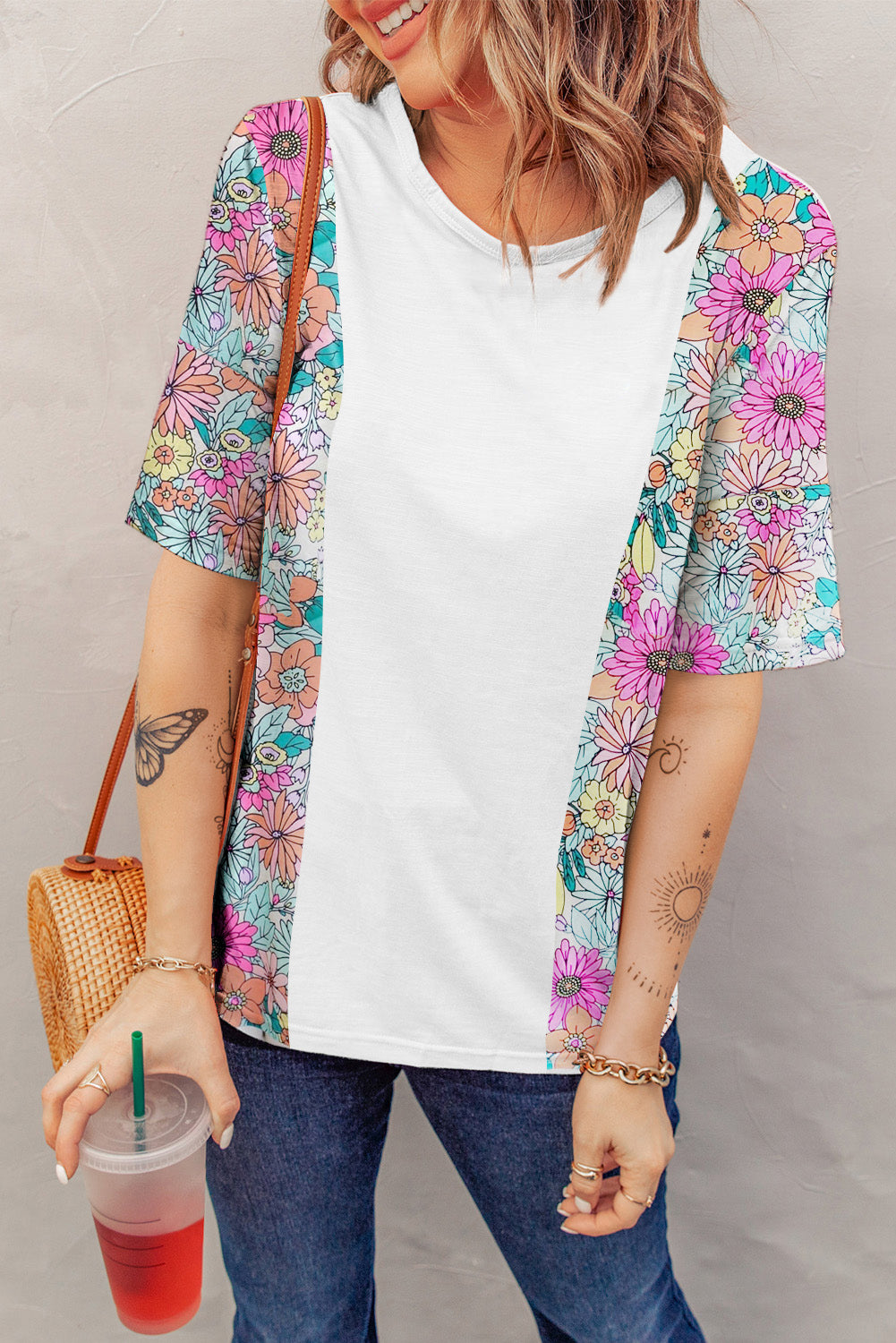 STUNNLY  Printed Round Neck Half Sleeve T-Shirt White S 