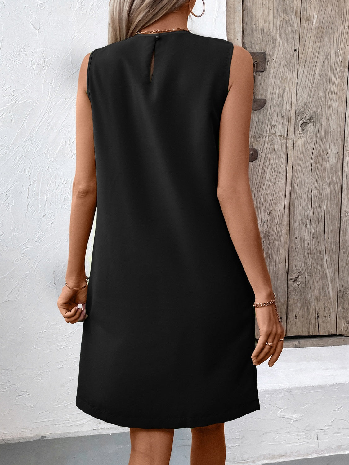 Pocketed Round Neck Sleeveless Mini Dress   