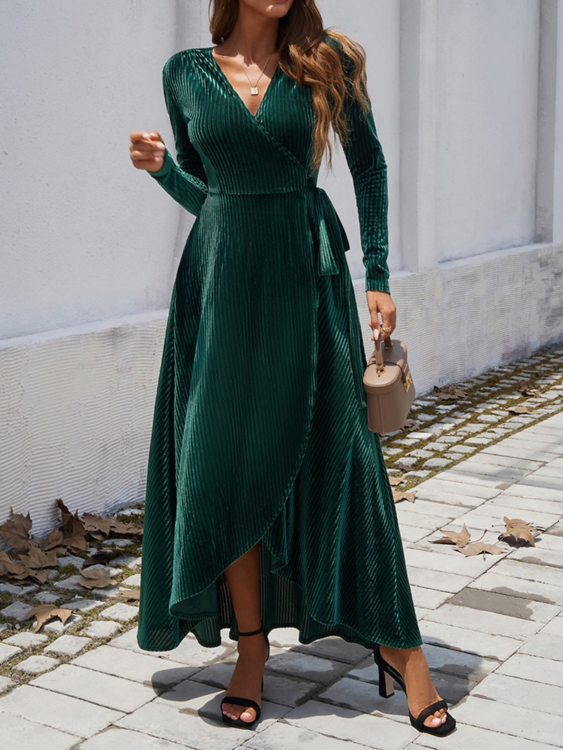 Split Surplice Long Sleeve Midi Dress   