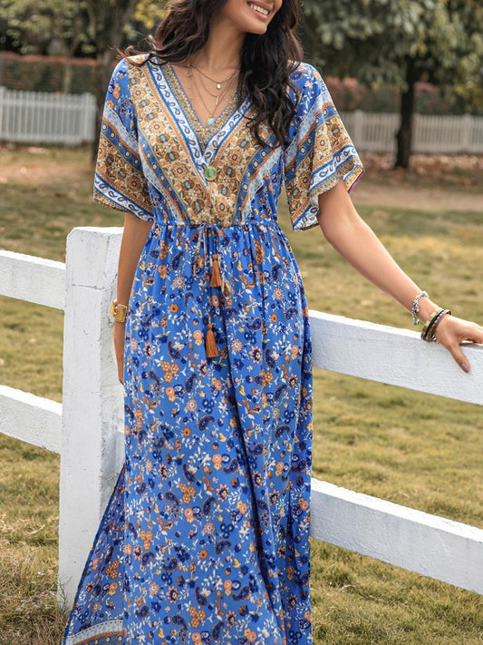 Slit Printed V-Neck Half Sleeve Maxi Dress Blue S 