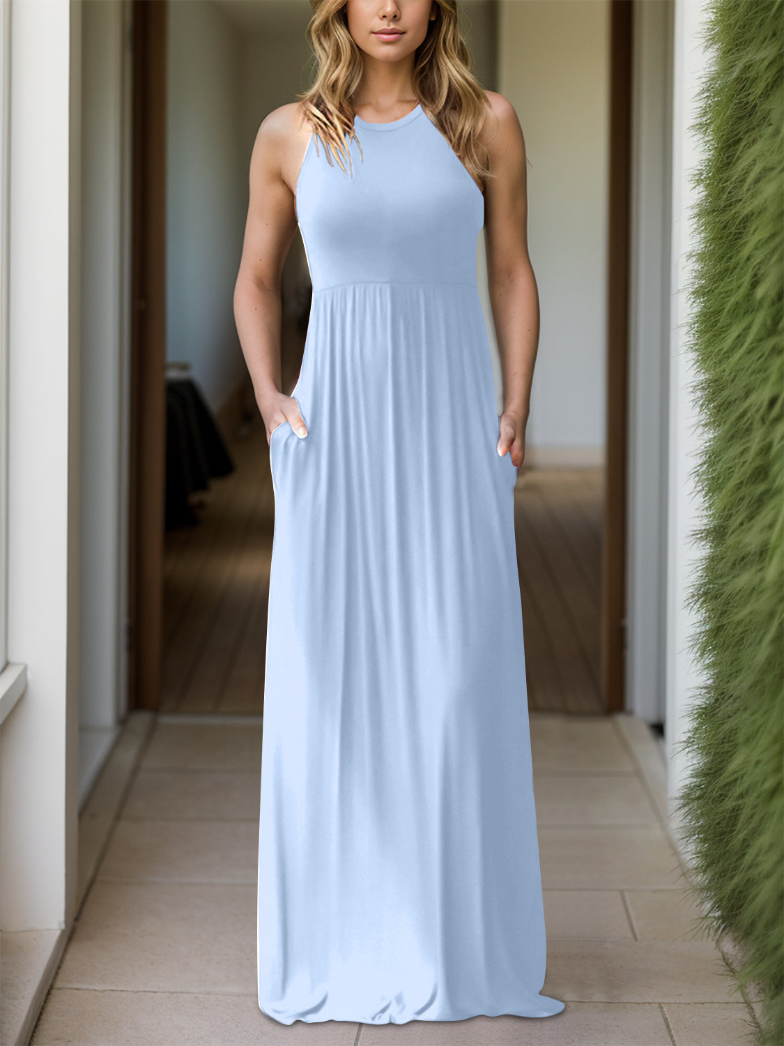 Full Size Grecian Neck Dress with Pockets   