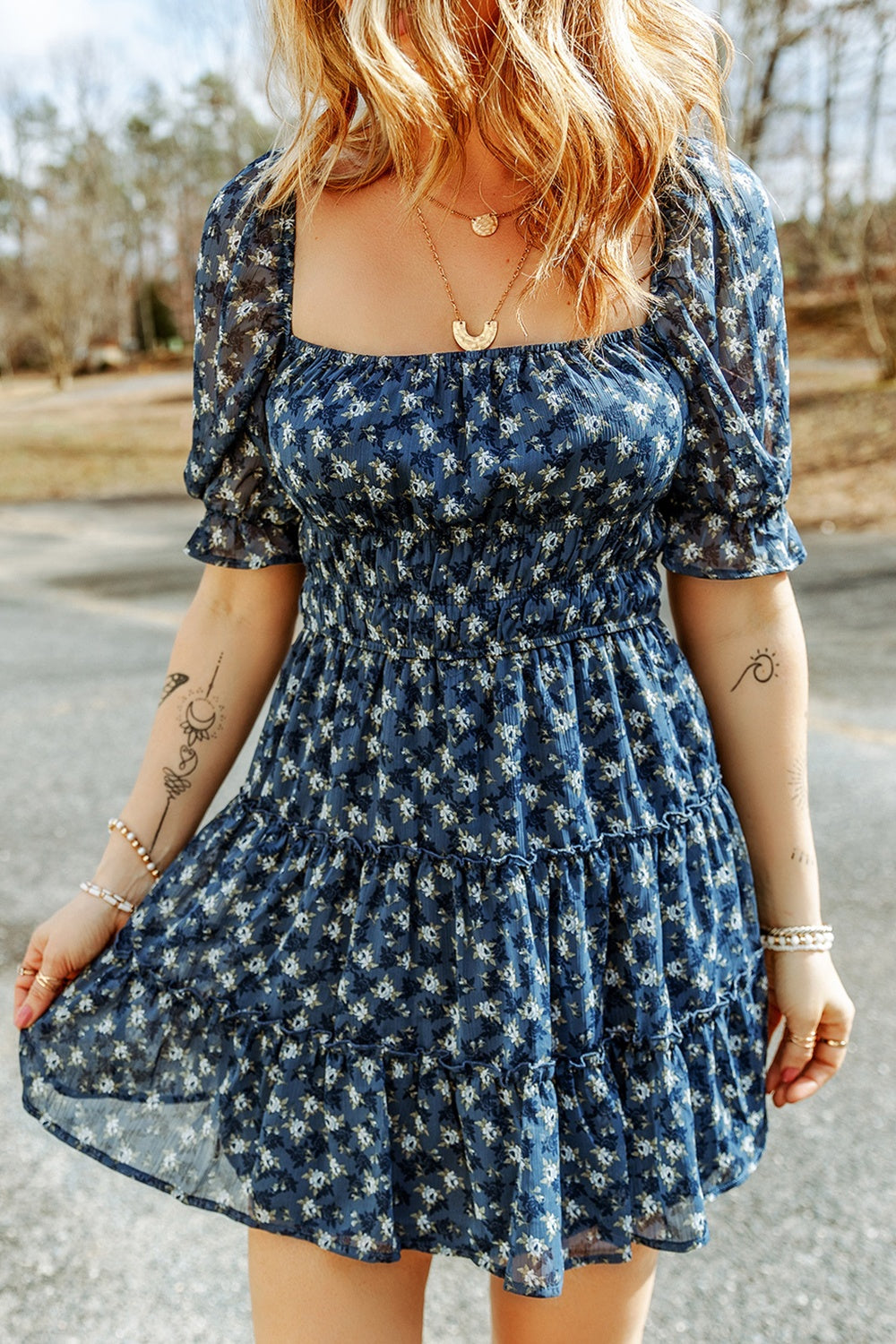 Printed Square Neck Short Sleeve Dress   