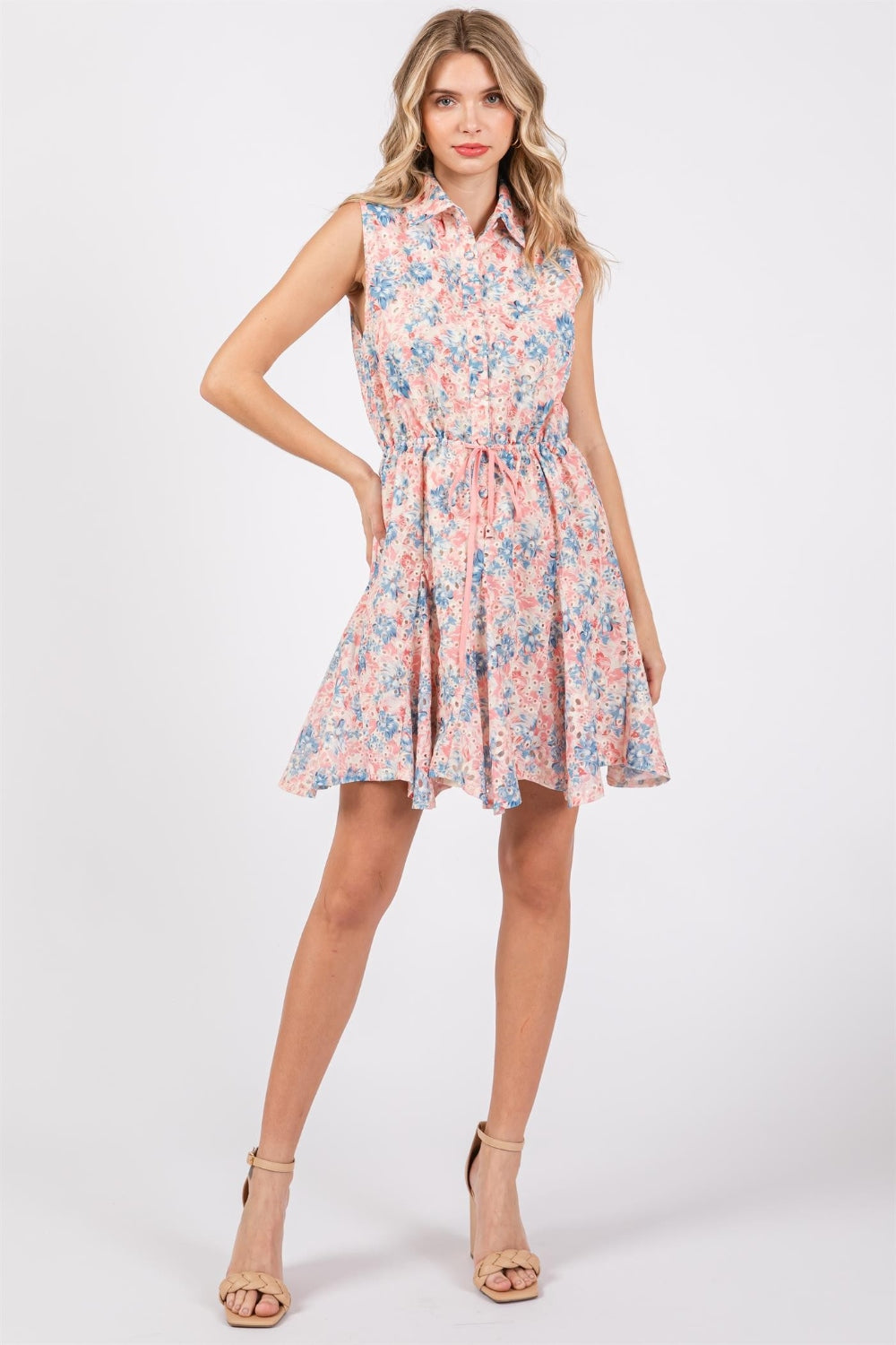 STUNNLY  GeeGee Full Size Floral Eyelet Sleeveless Mini Dress   