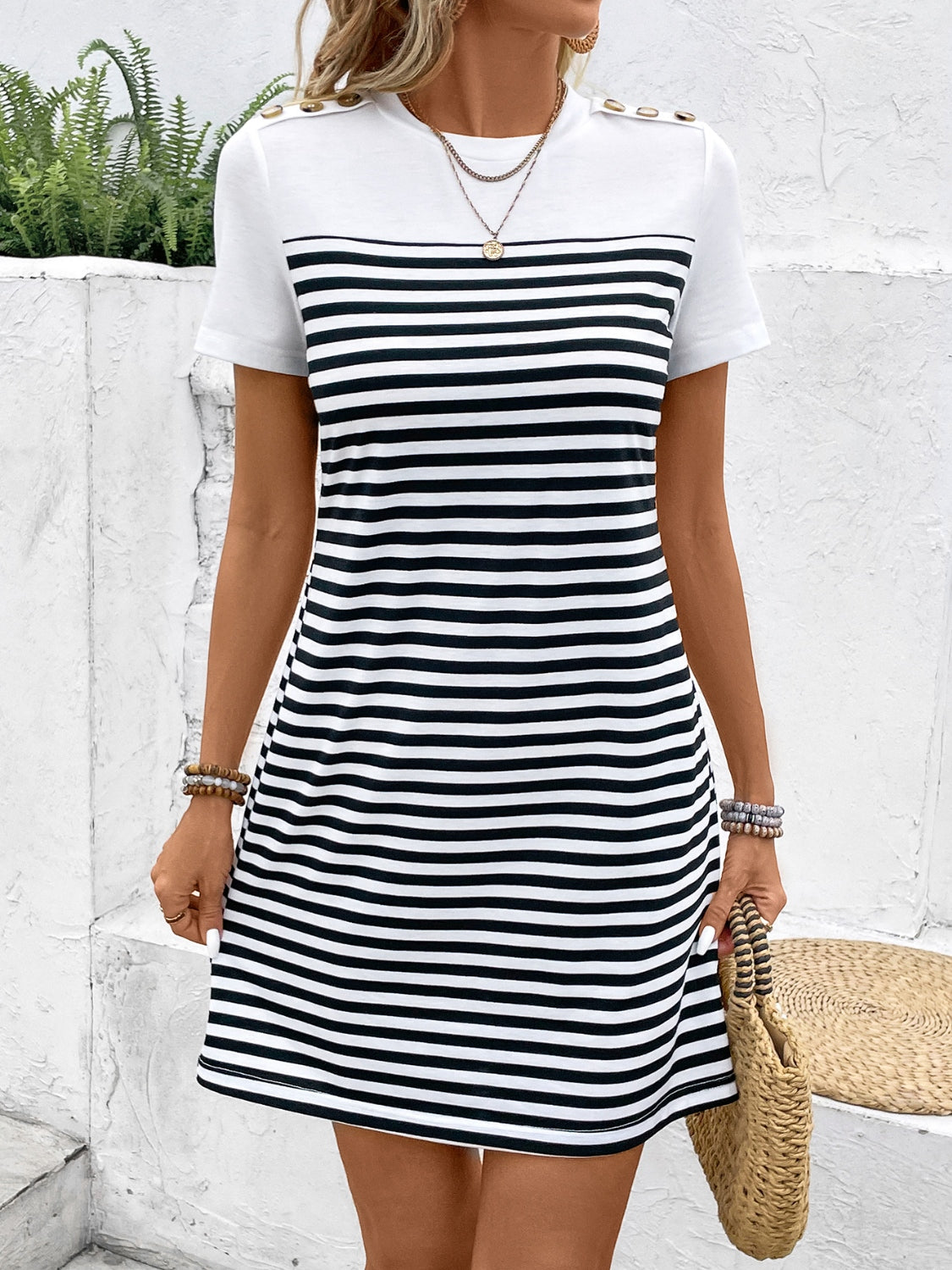 STUNNLY  Striped Round Neck Short Sleeve Mini Tee Dress   