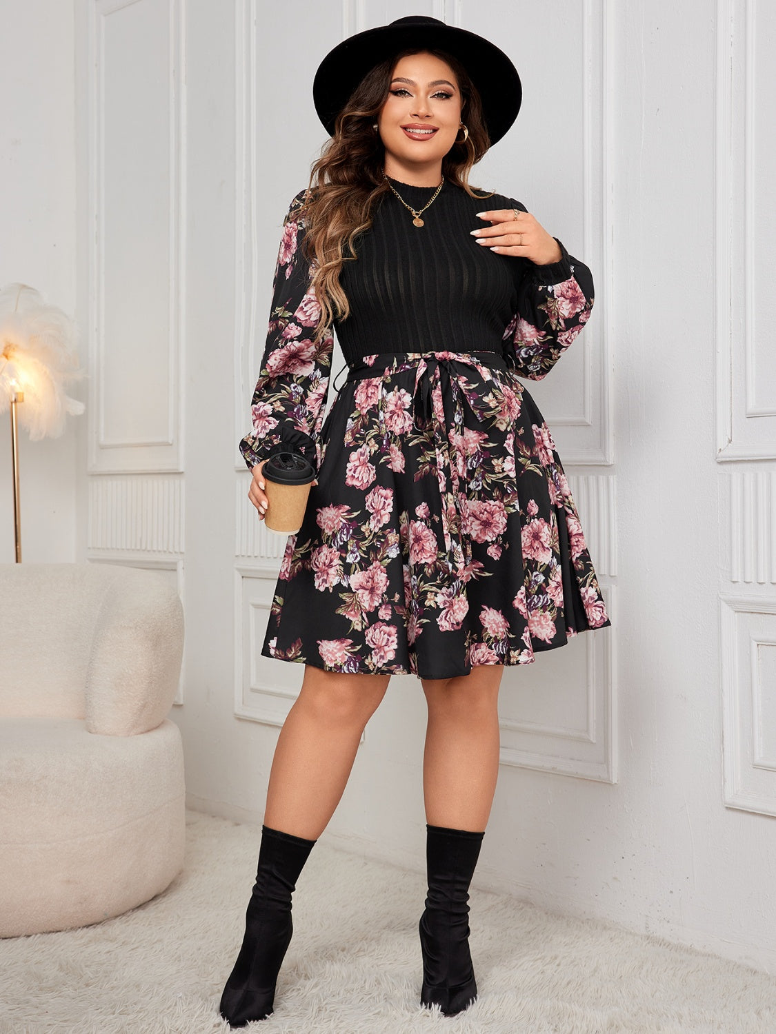 Plus Size Tied Printed Long Sleeve Dress   