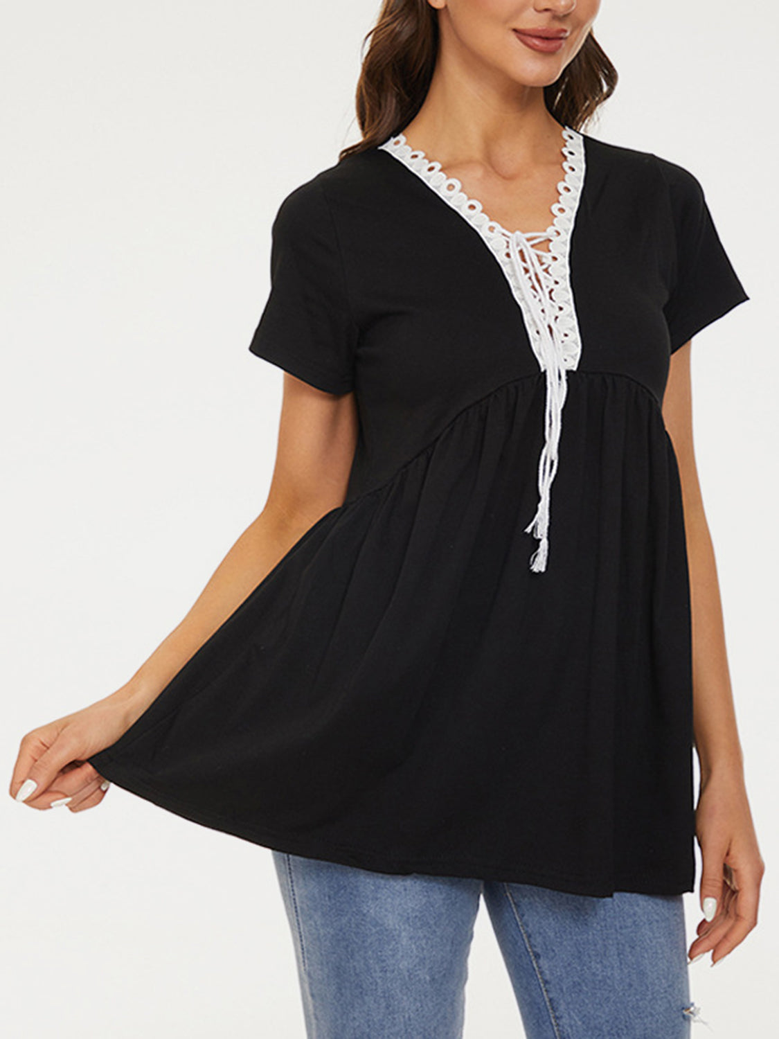 STUNNLY  Lace Detail Tie Neck Short Sleeve T-Shirt   