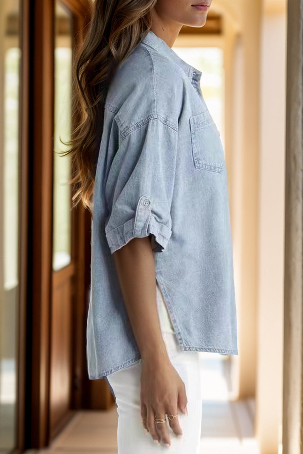 Pocketed Button Up Half Sleeve Denim Shirt   