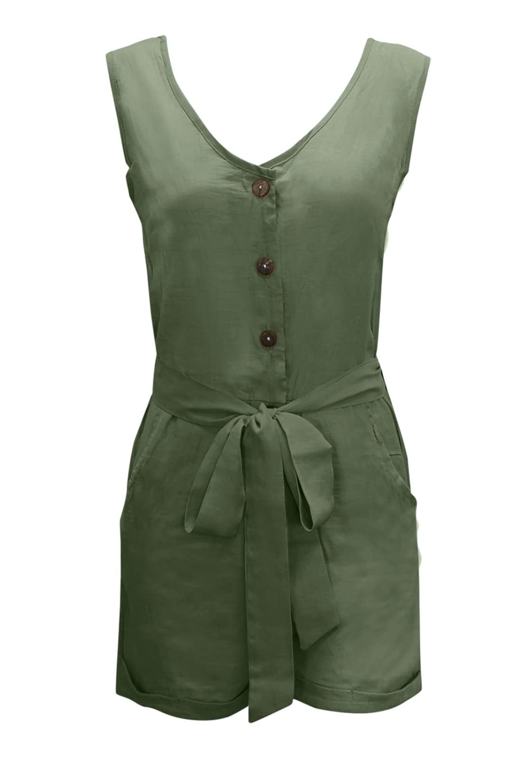 Full Size Tied V-Neck Sleeveless Romper with Pockets   