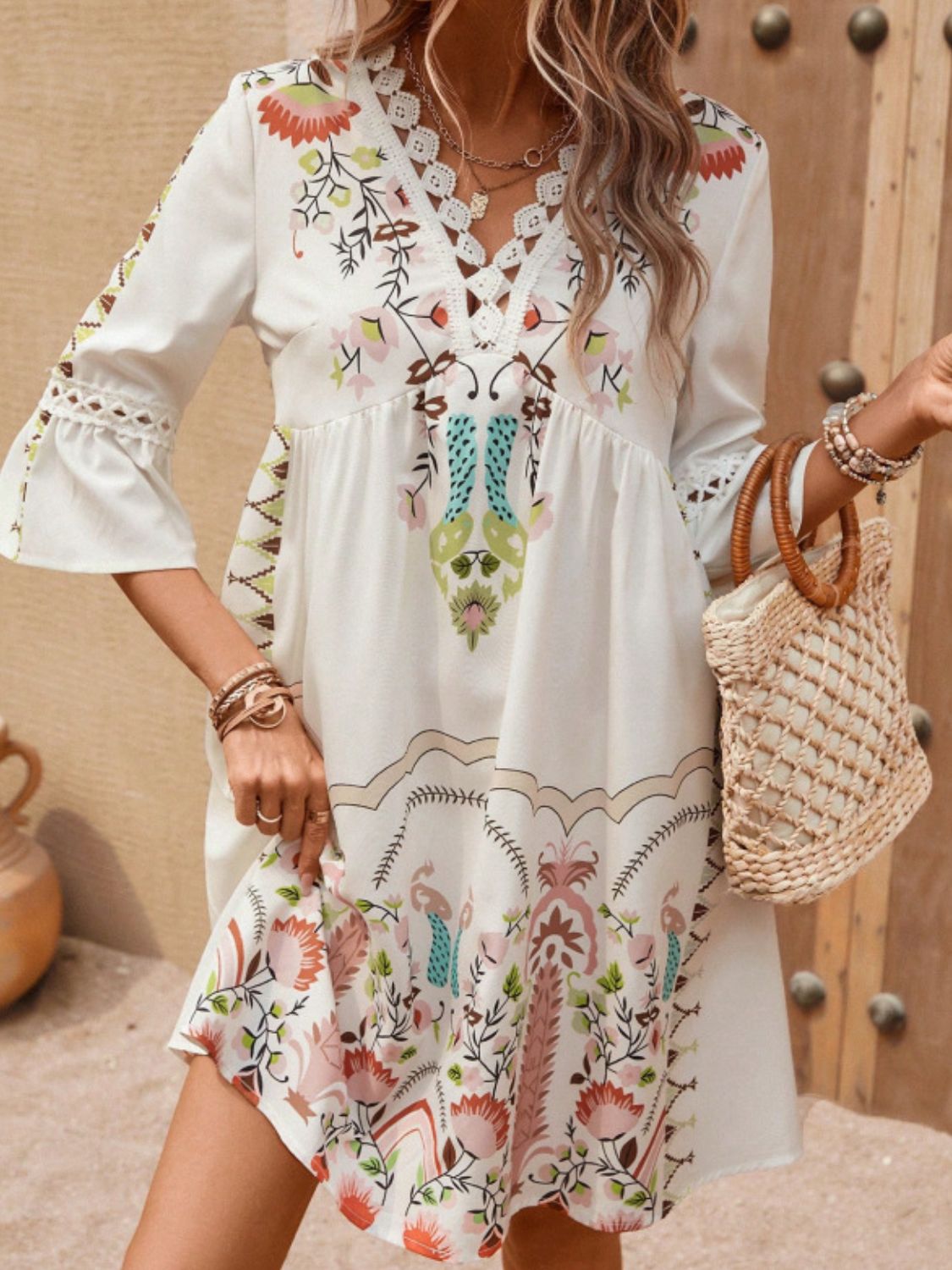 Lace Detail Printed Three-Quarter Sleeve Dress Apricot S 