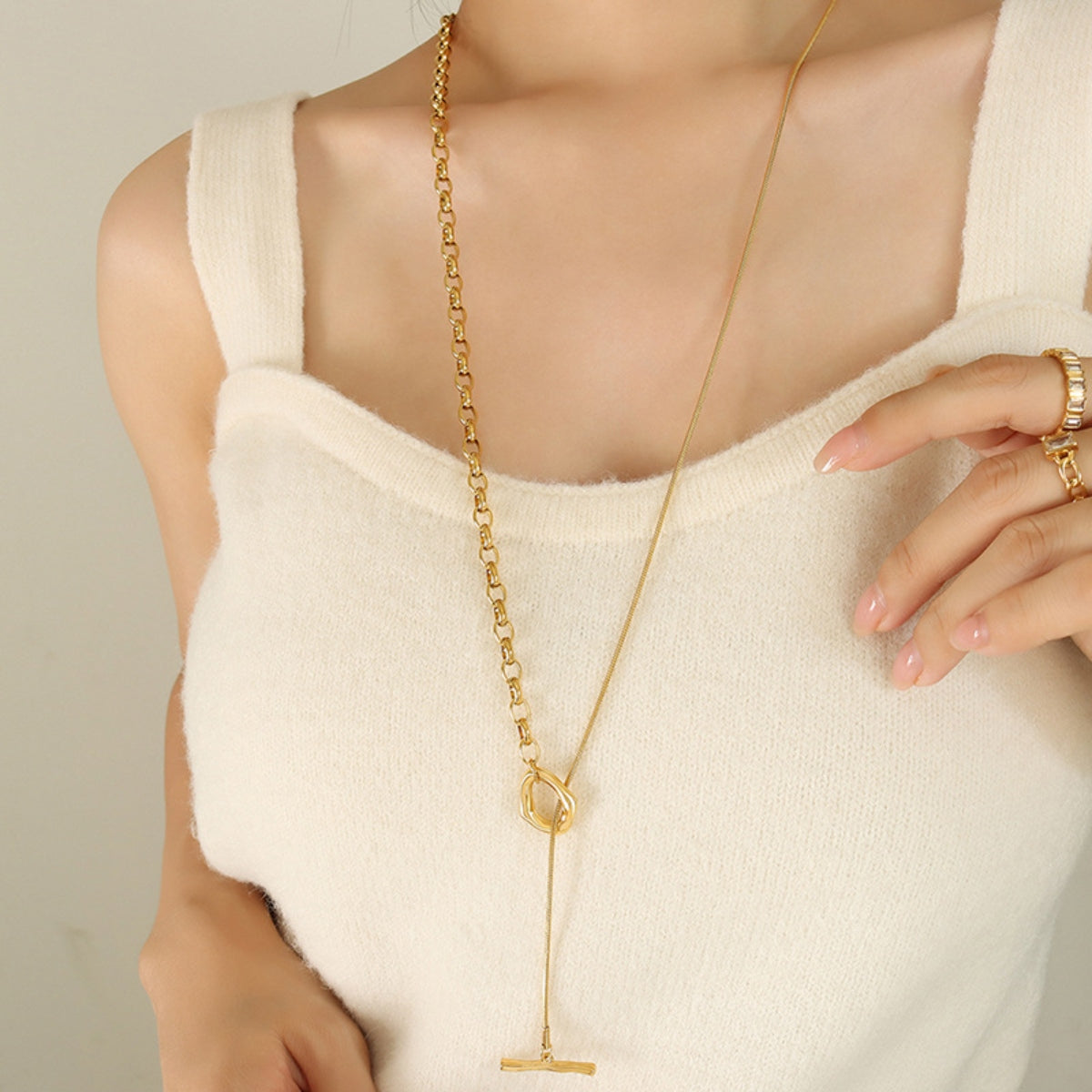 STUNNLY  Titanium Steel Chain Necklace Gold One Size 