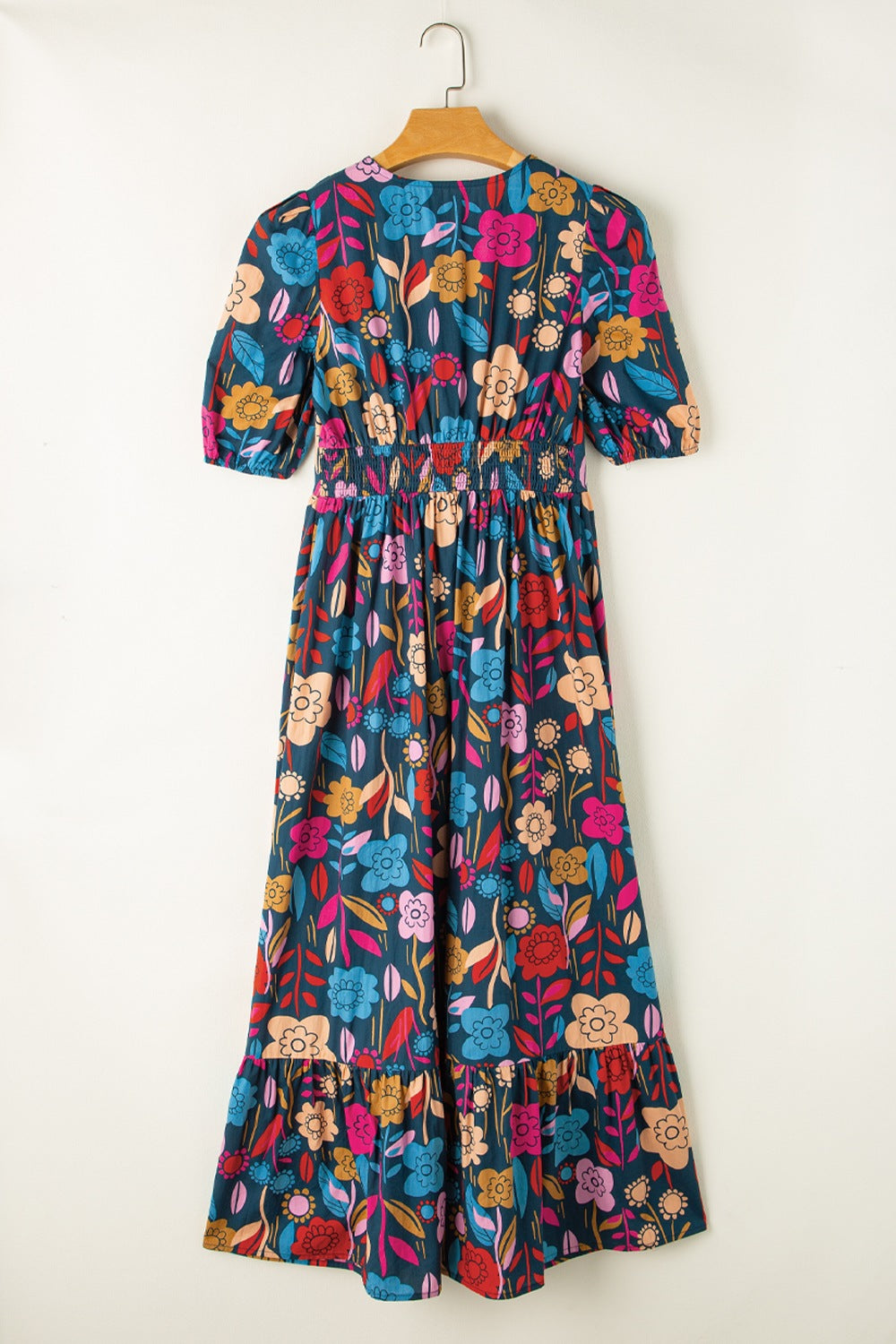 STUNNLY  Printed Notched Puff Sleeve Midi Dress   