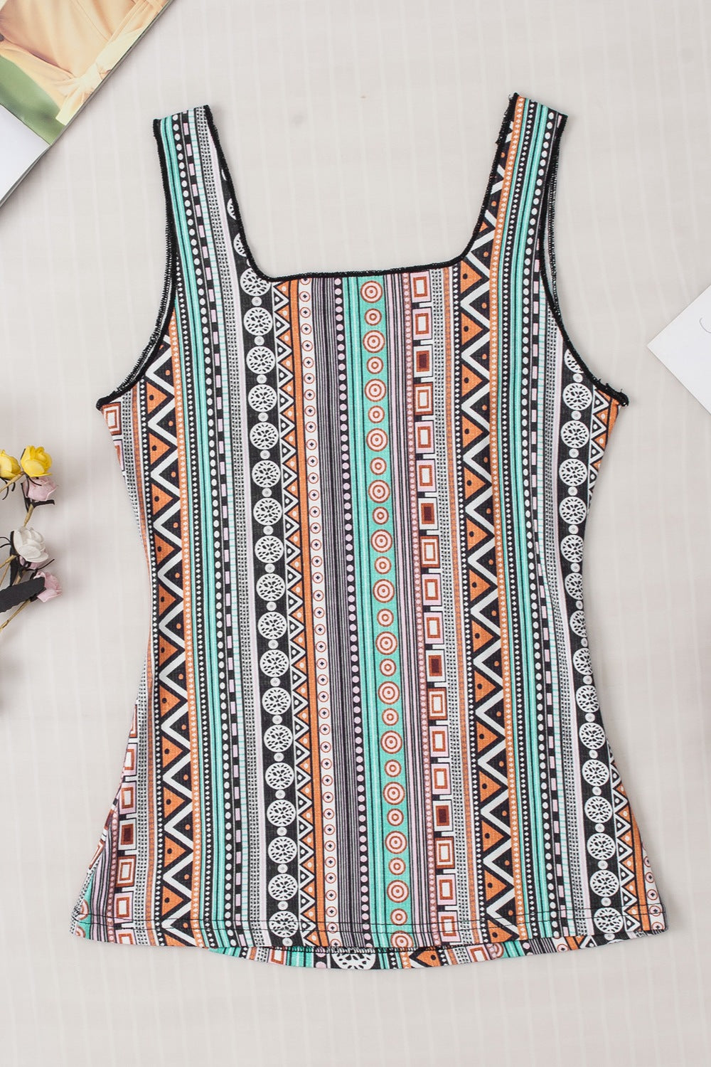 STUNNLY  Printed Square Neck Wide Strap Tank   