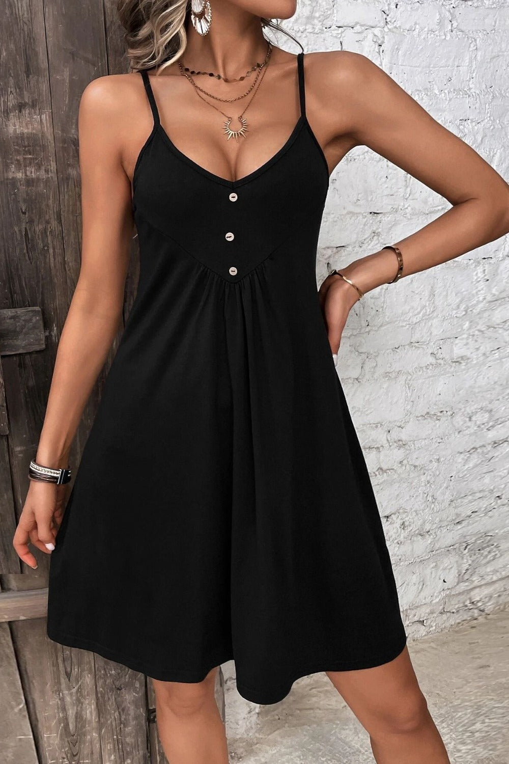 Decorative Button Scoop Neck Cami Dress Black S 