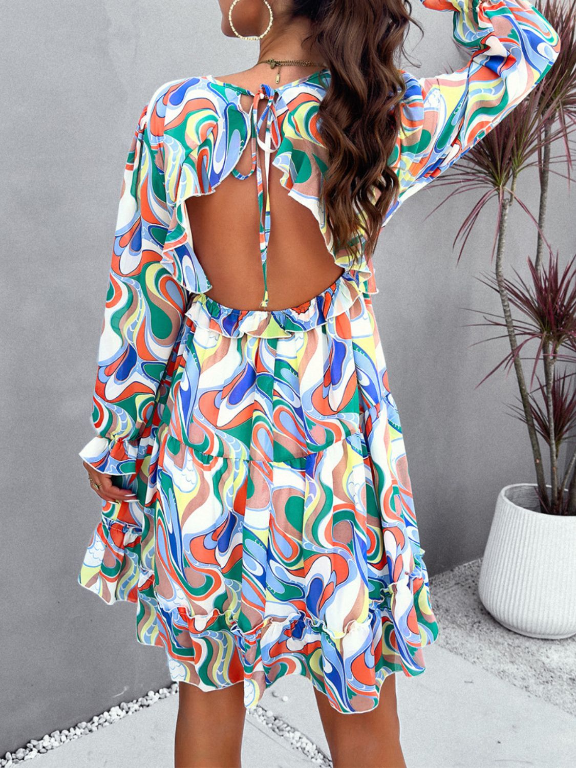 Backless Printed V-Neck Flounce Sleeve Dress   