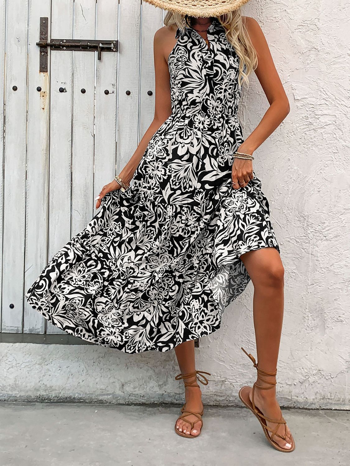 Backless Smocked Printed Sleeveless Midi Dress   