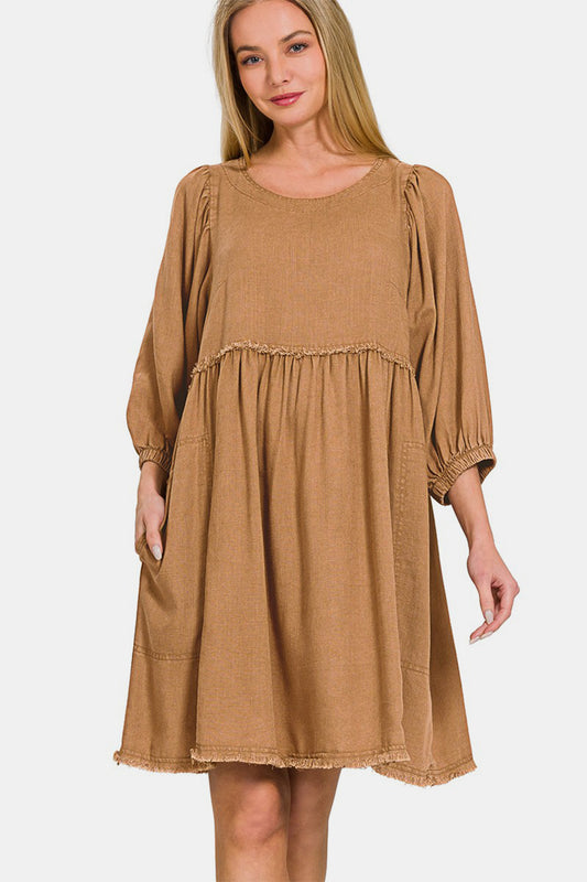 Zenana Washed Linen Pleated Puff Sleeve Babydoll Dress Deep Camel S 