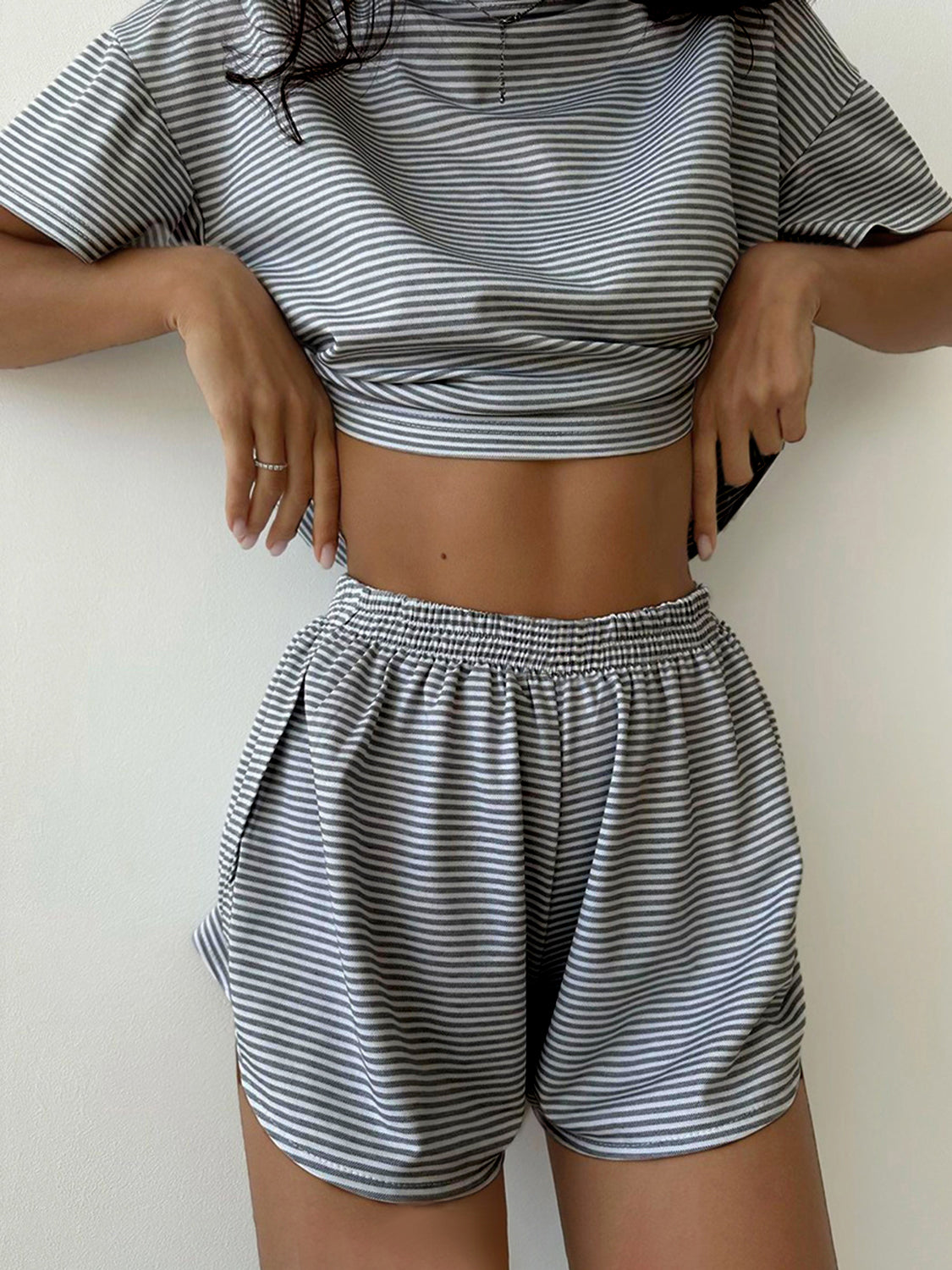 STUNNLY  Striped Round Neck Top and Shorts Set   