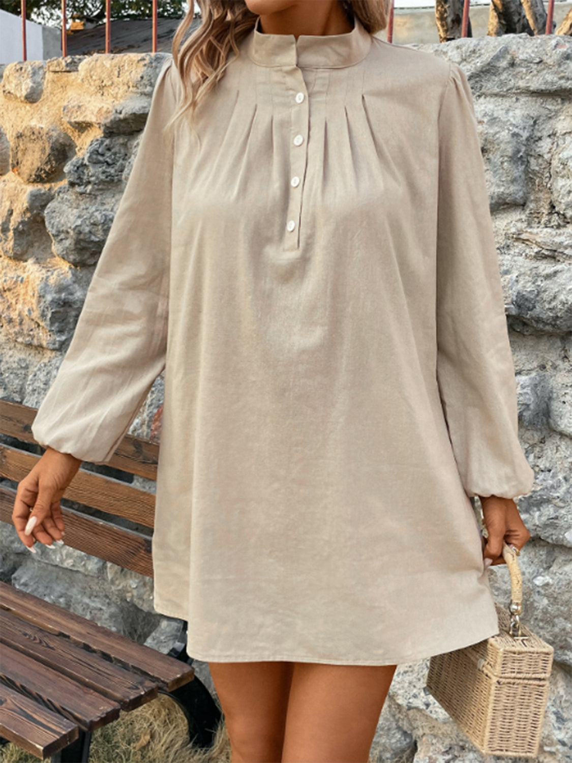 STUNNLY  Half Button Mock Neck Long Sleeve Mini Shirt Dress   