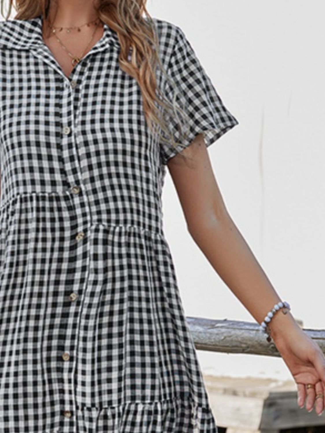 Button Up Plaid Short Sleeve Midi Dress   