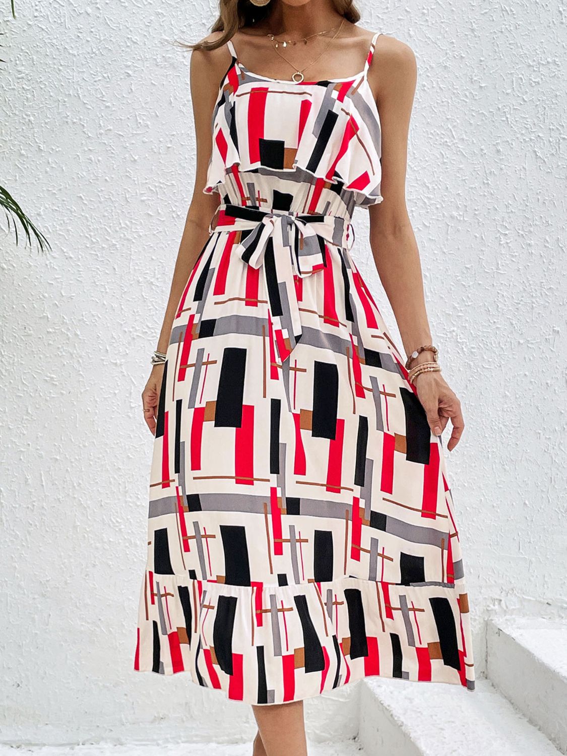 Ruffled Printed Tie Waist Midi Dress Multicolor S 