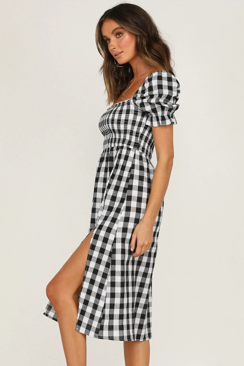 Full Size Slit Plaid Short Sleeve Midi Dress   