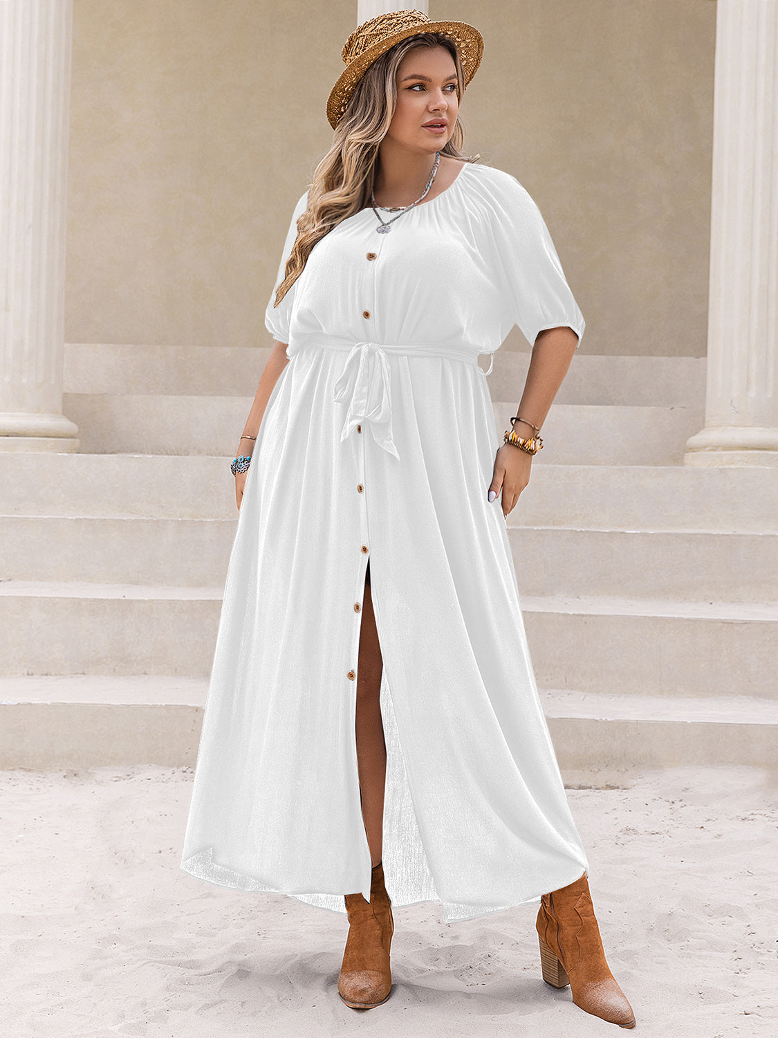 Plus Size Round Neck Half Sleeve Dress   