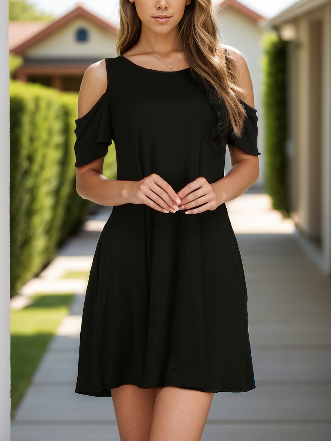 Round Neck Cold Shoulder Mini Dress Black S 