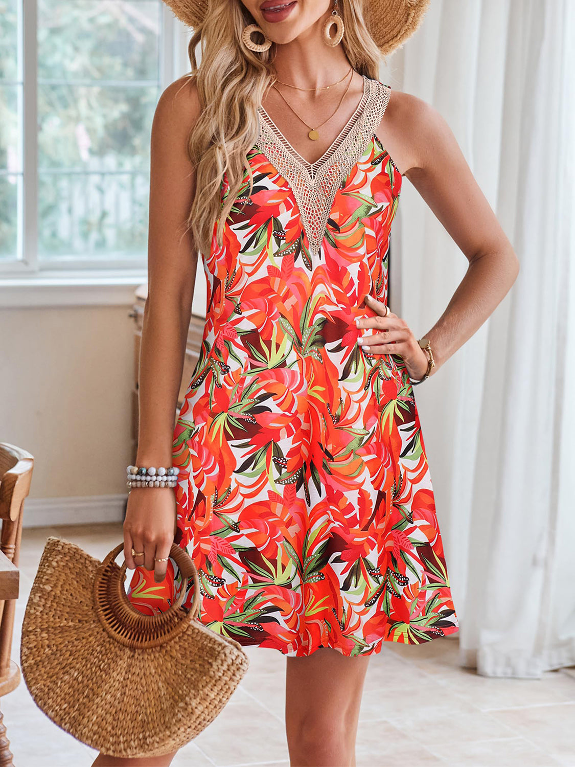 Lace Detail Printed V-Neck Sleeveless Dress Orange S 