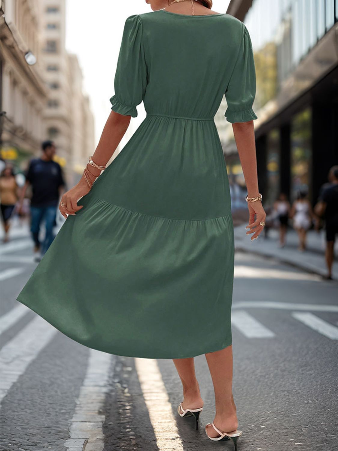 Ruched V-Neck Half Sleeve Midi Dress   