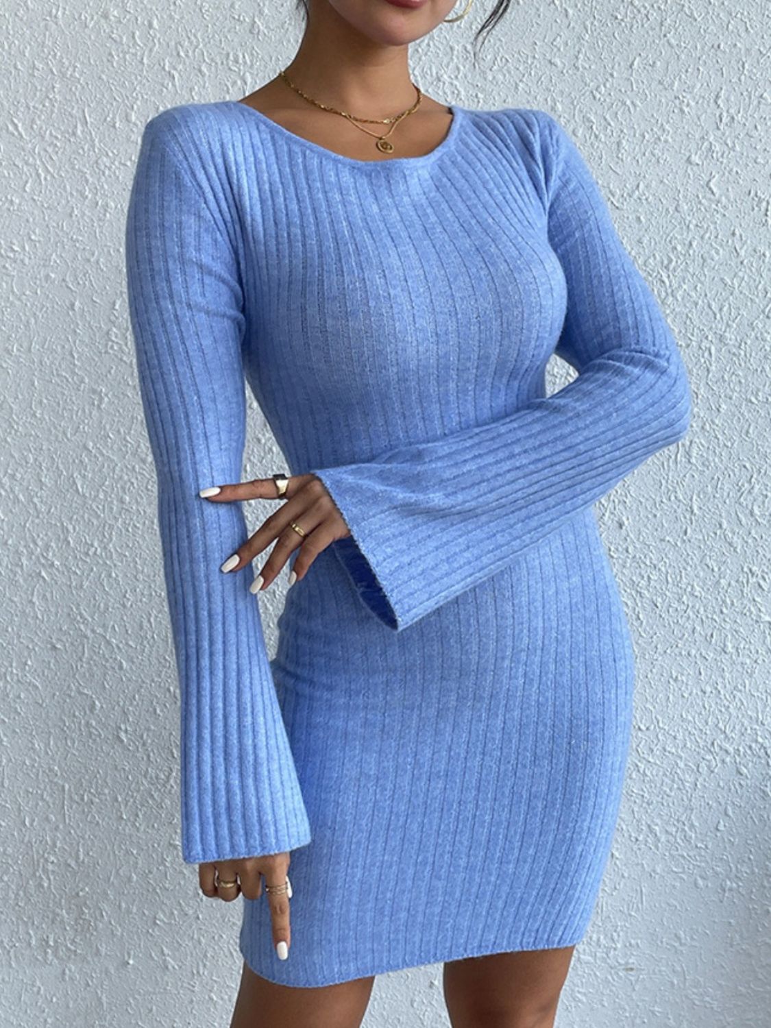 Backless Round Neck Long Sleeve Sweater Dress   