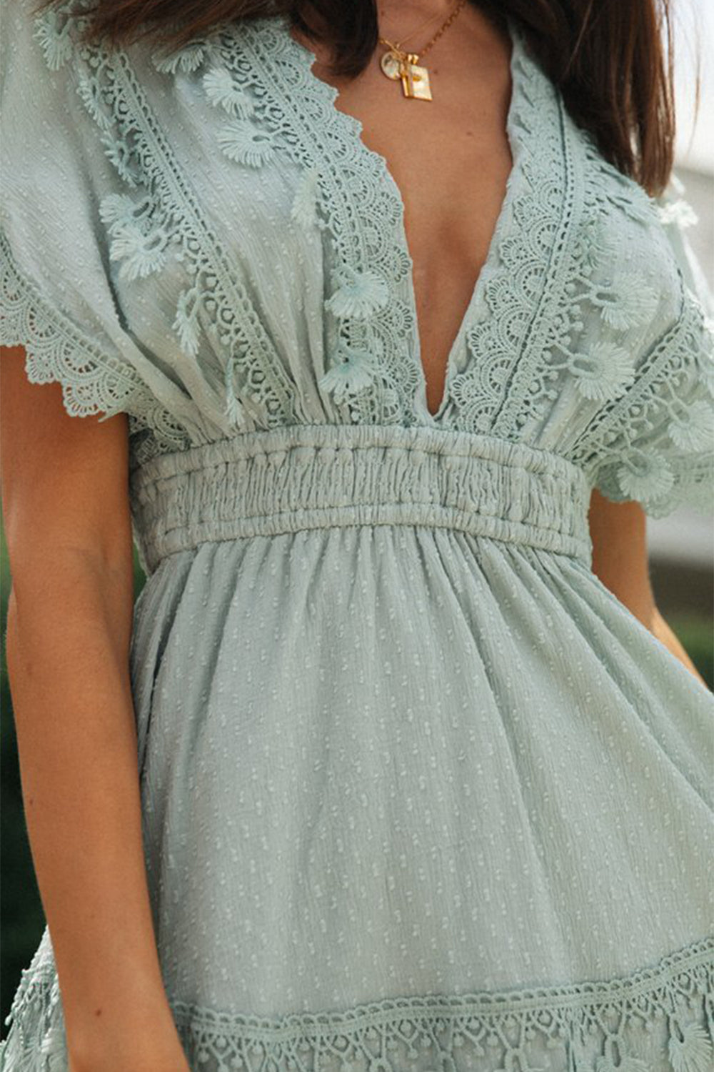 Lace Detail Plunge Short Sleeve Mini Dress   