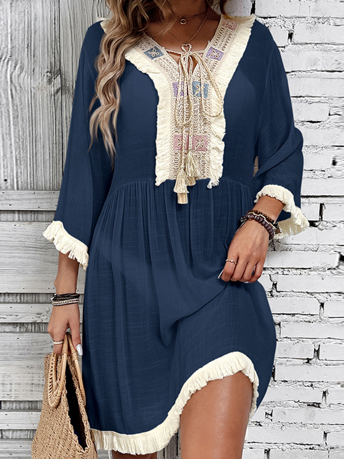 Fringe Tie Neck Three-Quarter Sleeve Cover Up   