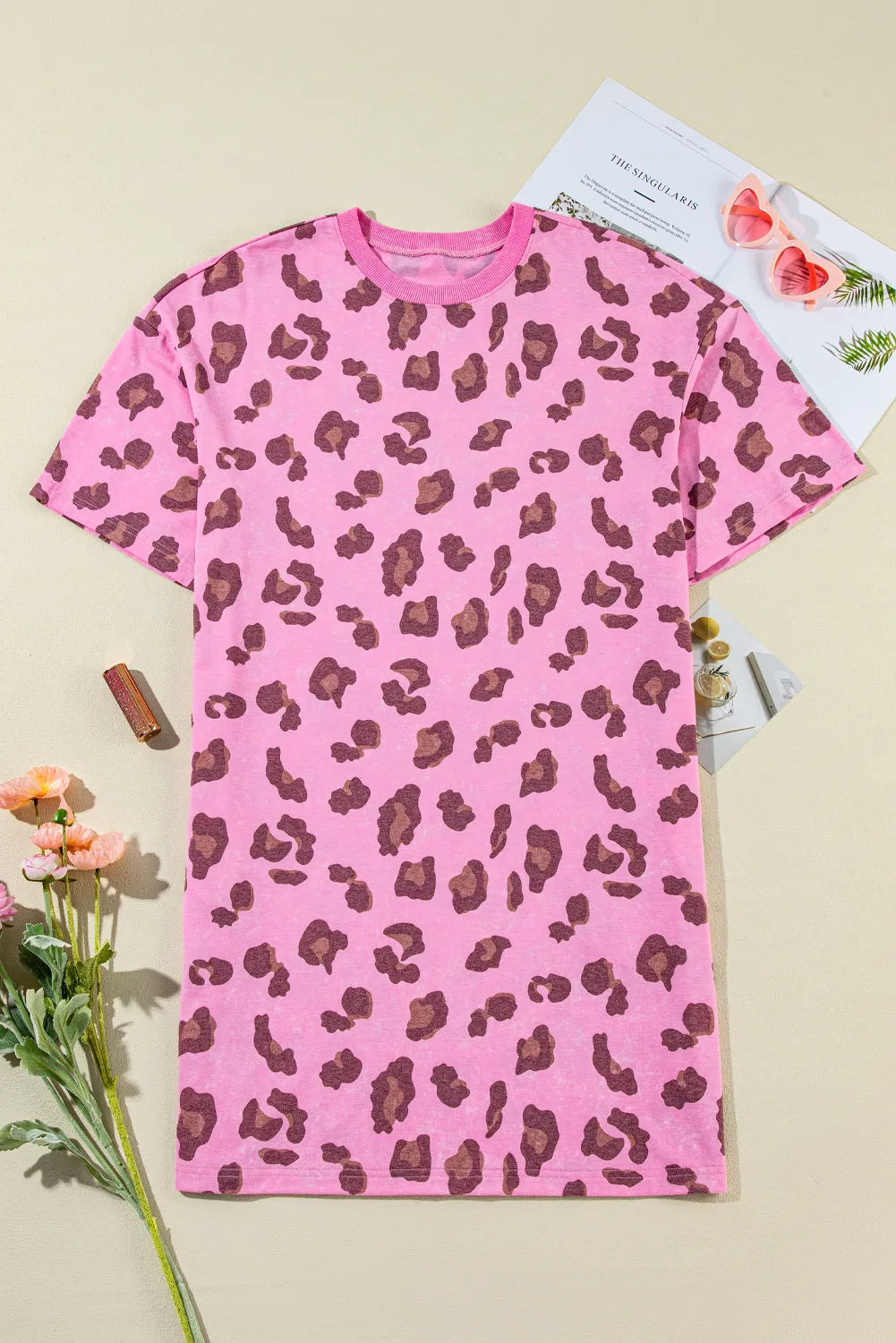 Leopard Round Neck Mini Tee Dress Pink S 