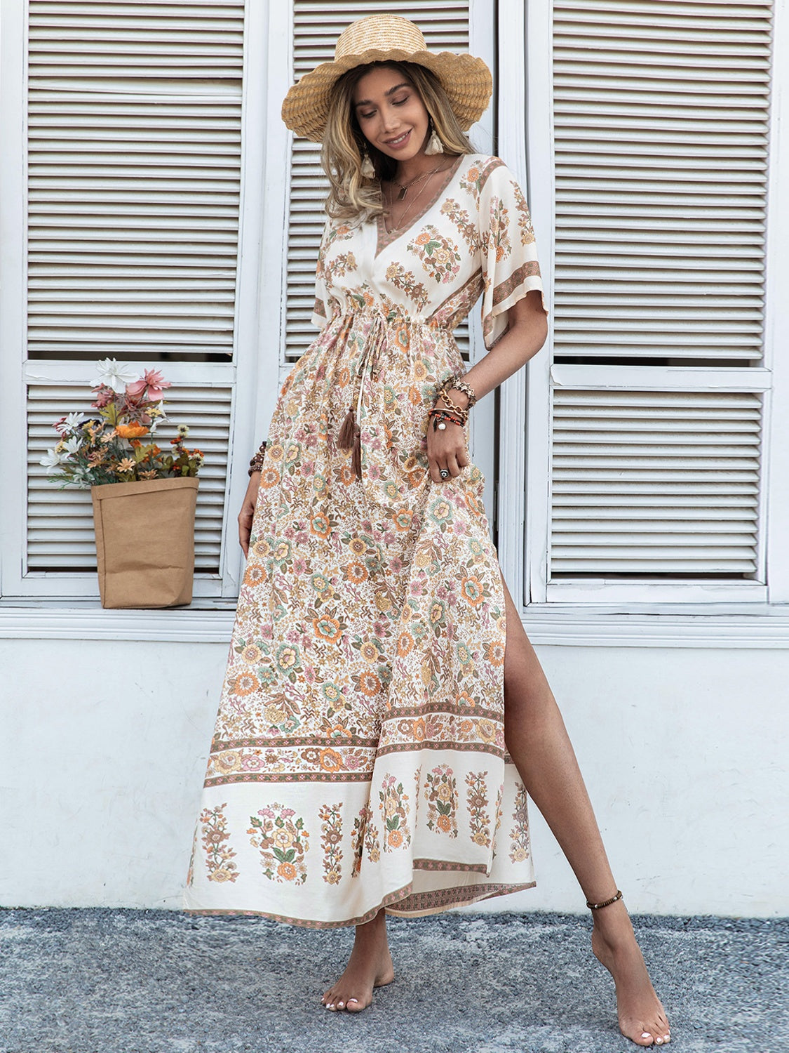 Drawstring Printed Plunge Half Sleeve Dress   