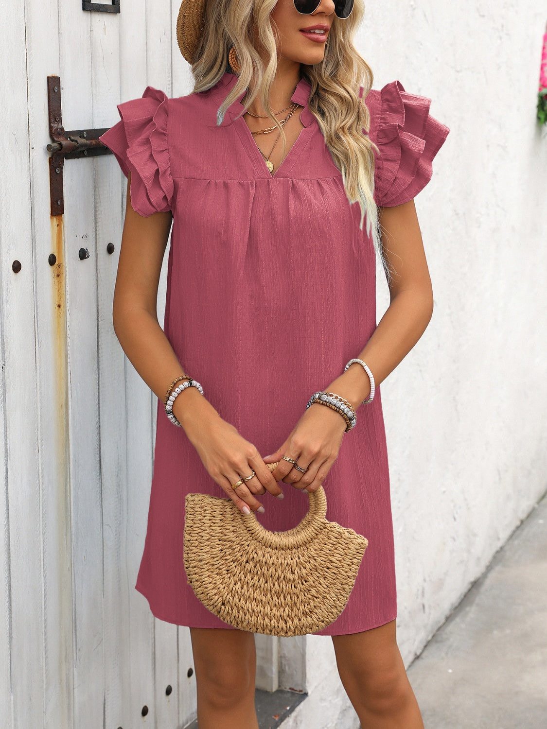 Ruffled Notched Cap Sleeve Mini Dress   