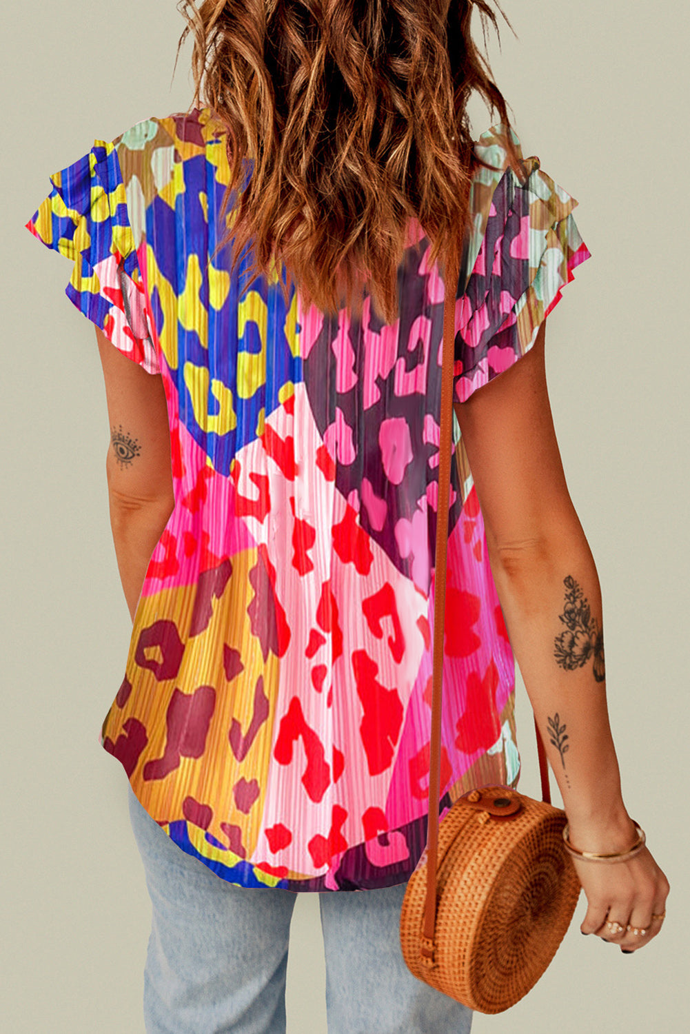 STUNNLY  Ruffled Printed Tie Neck Cap Sleeve Blouse   