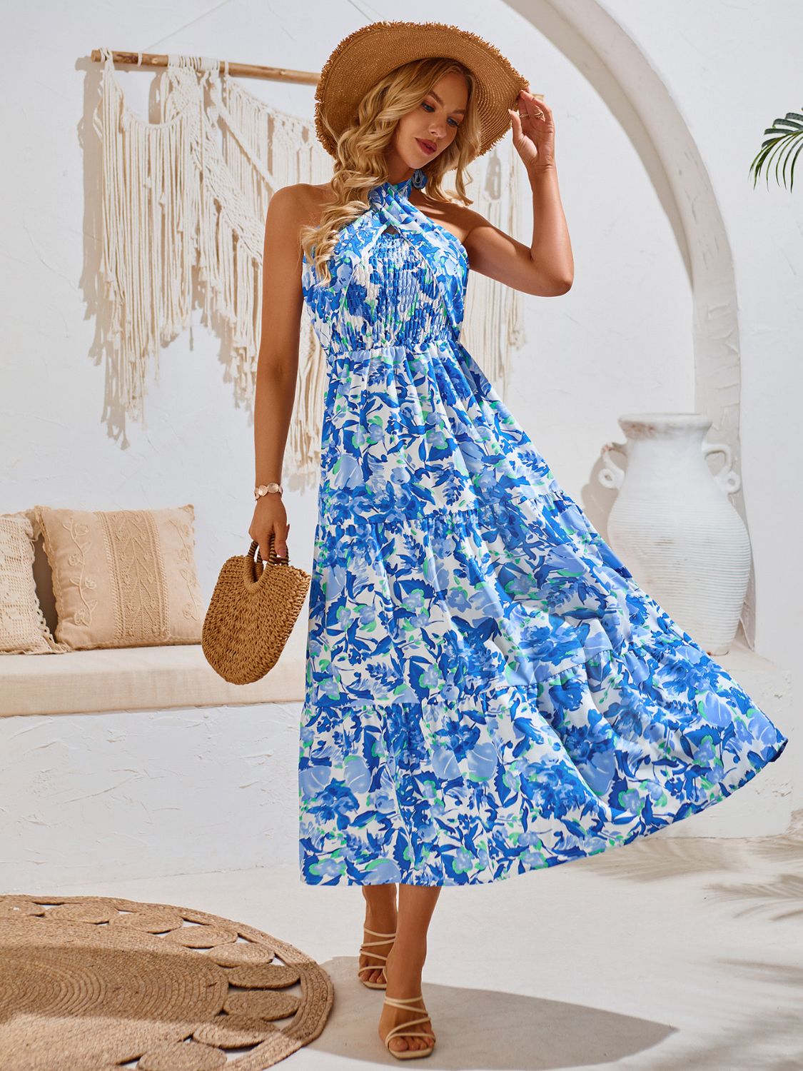 Smocked Printed Sleeveless Midi Dress Blue S 