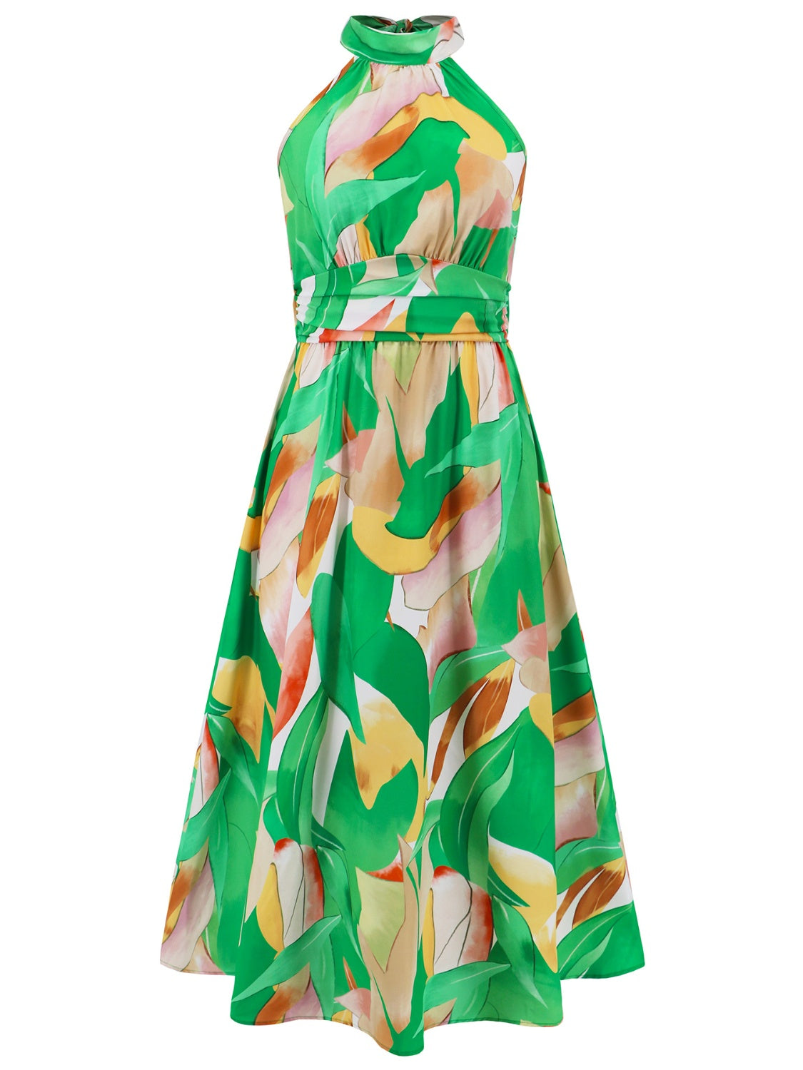 Ruched Printed Halter Neck Sleeveless Dress   