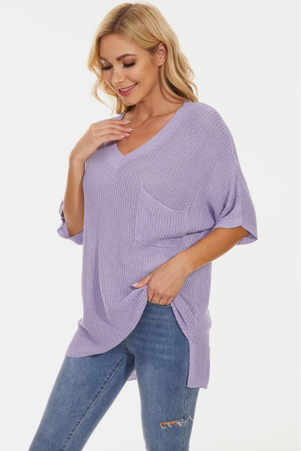 STUNNLY  Pocketed V-Neck Half Sleeve Knit Top   