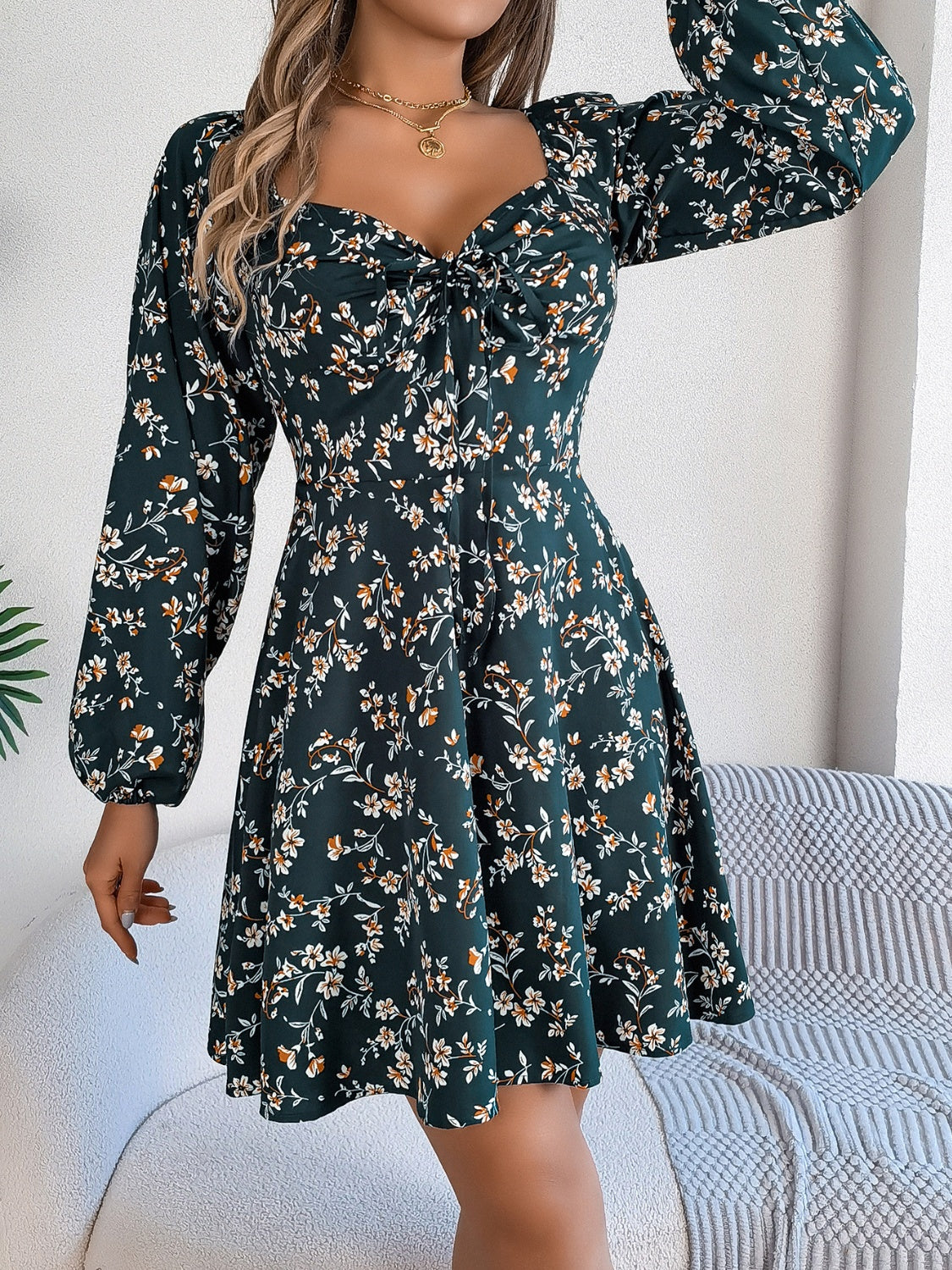 Printed Sweetheart Neck Balloon Sleeve Mini Dress Dark Green S 