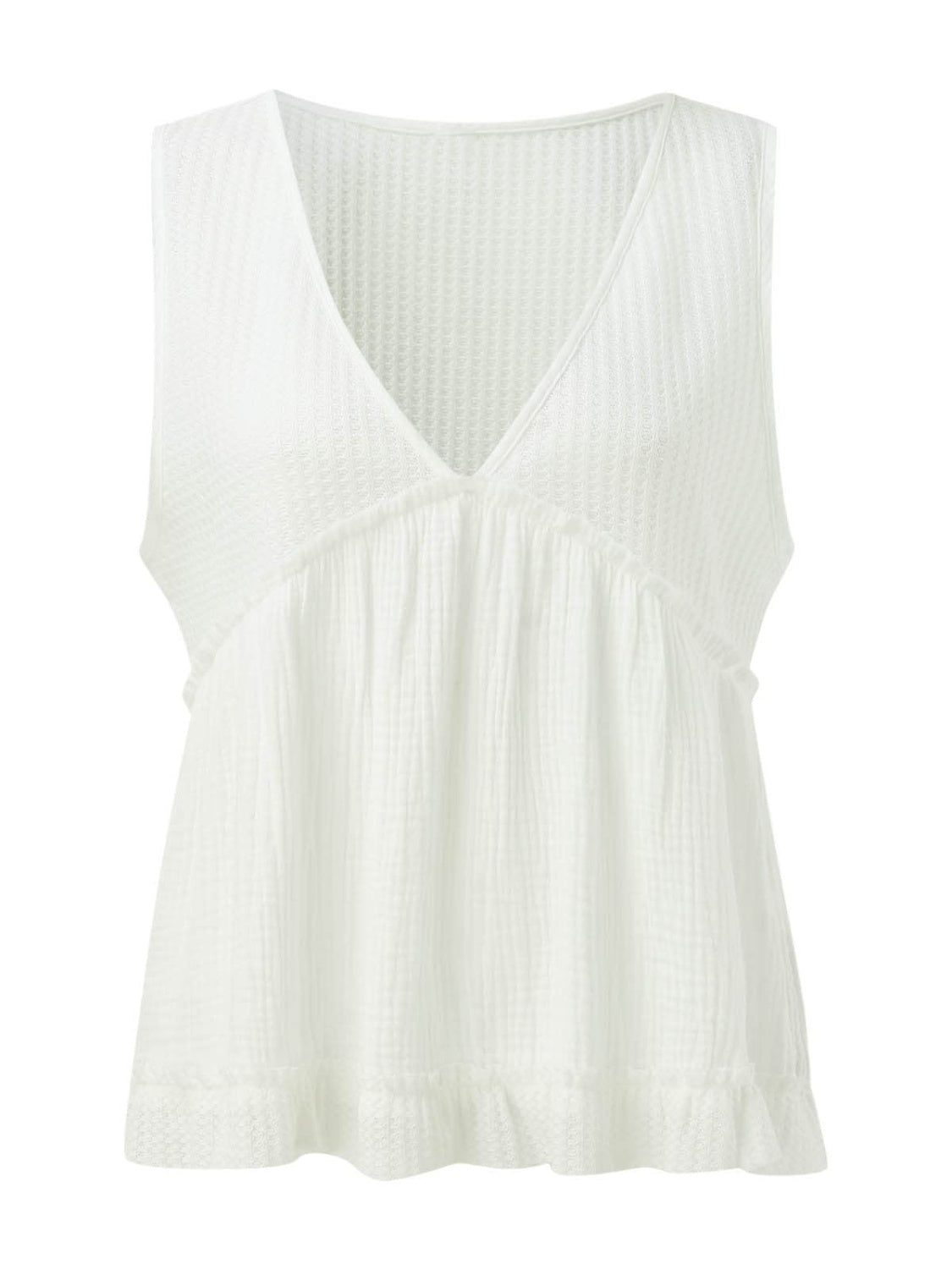 STUNNLY  Waffle-Knit Frill V-Neck Tank   