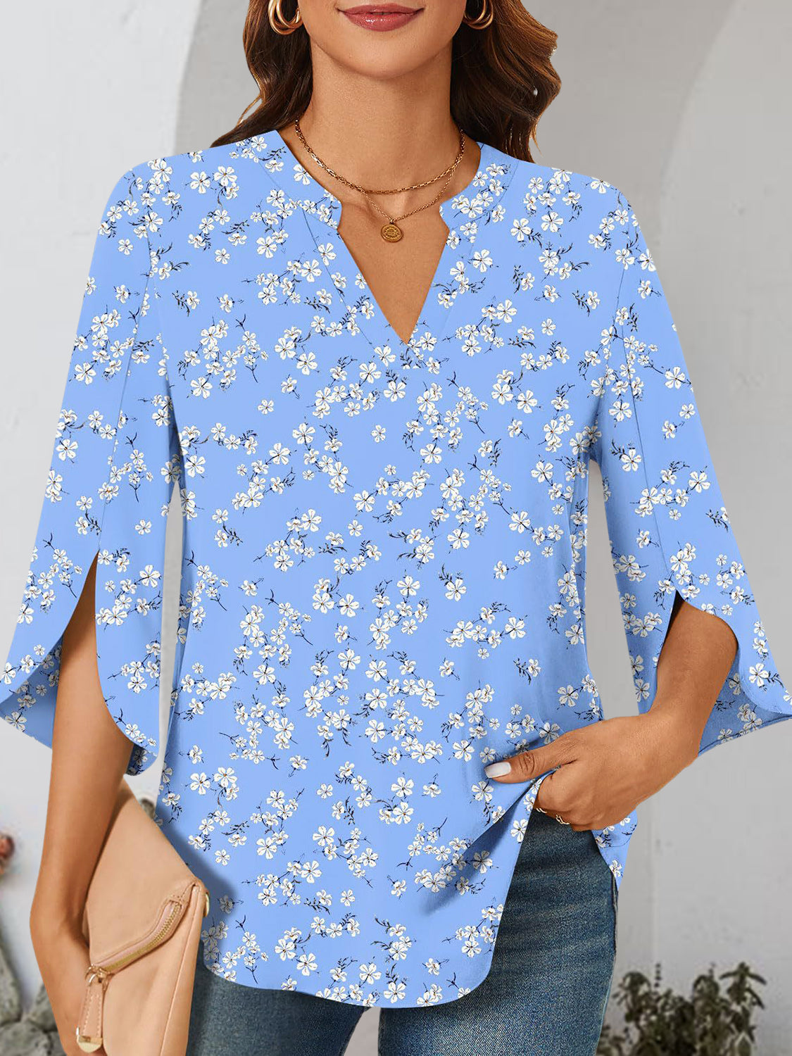 Notched Slit Half Sleeve Blouse   