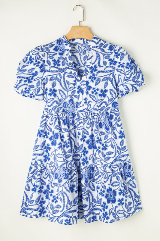 Printed Notched Puff Sleeve Dress Royal Blue S 