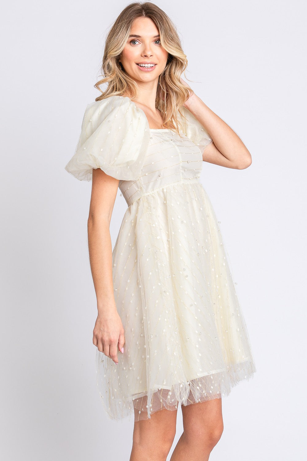 GeeGee Pearl Mesh Puff Sleeve Babydoll Dress   