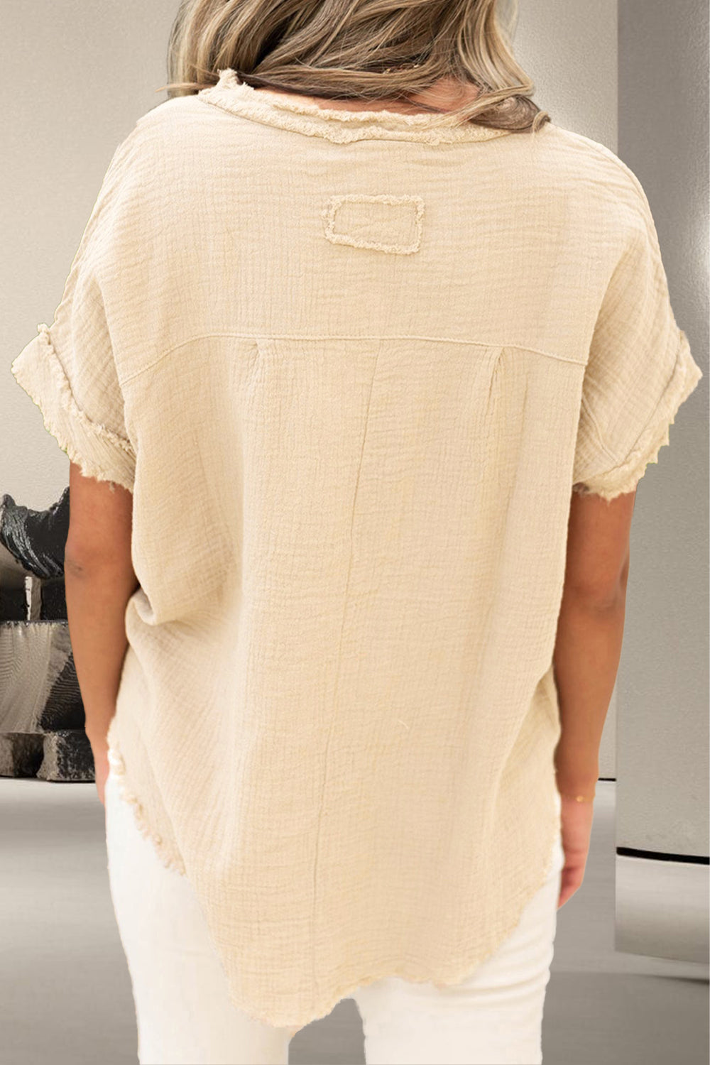 Raw Hem Round Neck Short Sleeve Blouse   