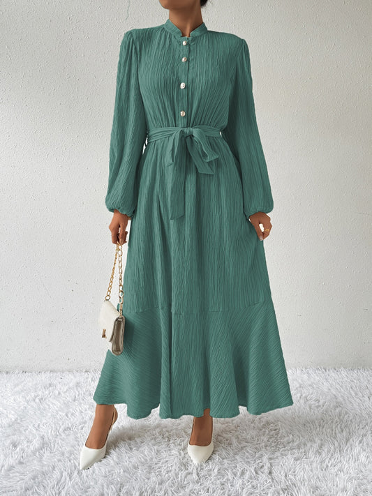 Tie Waist Long Sleeve Dress Air Force Blue S 