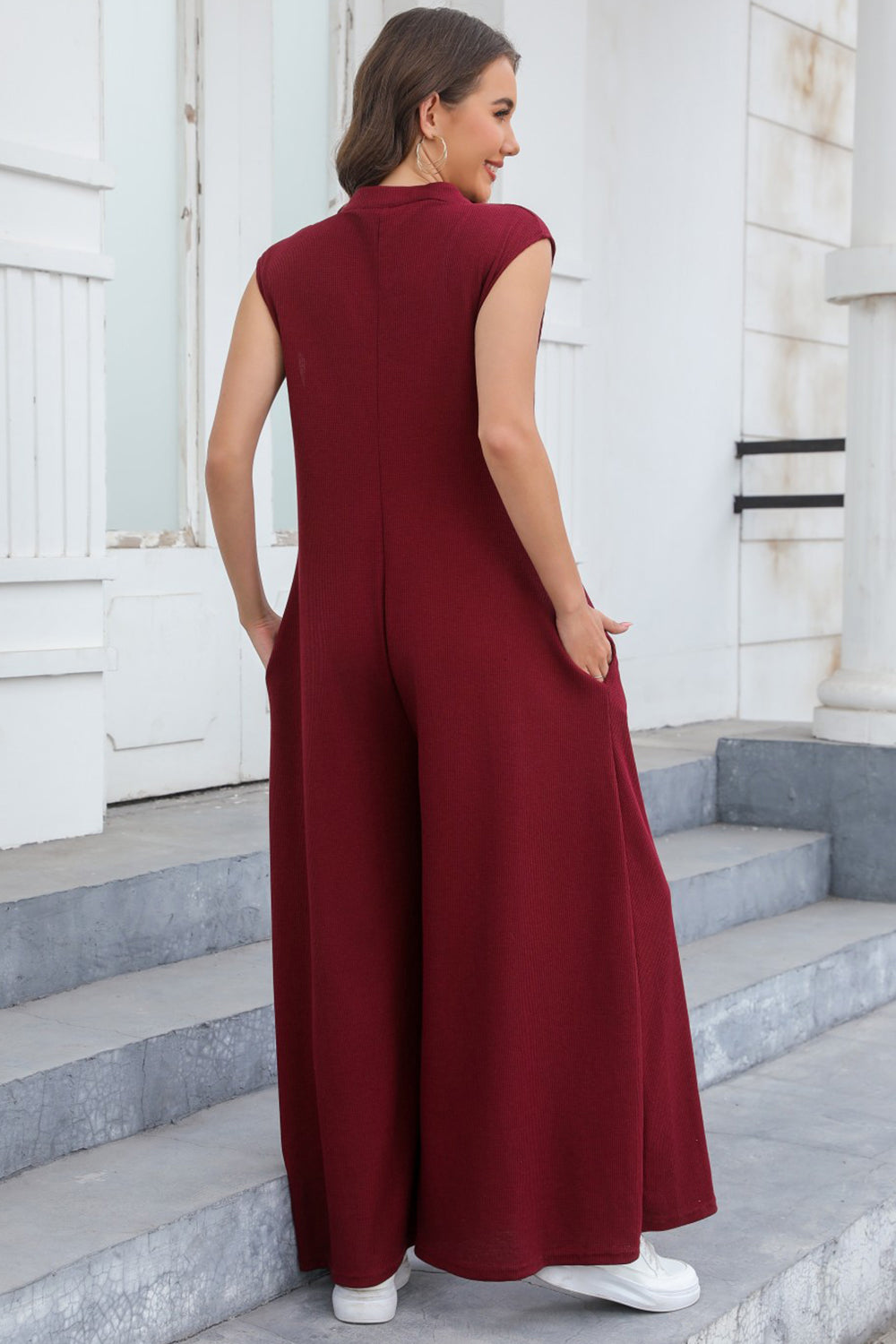 STUNNLY  Half Button Wide Leg Jumpsuit with Pockets   