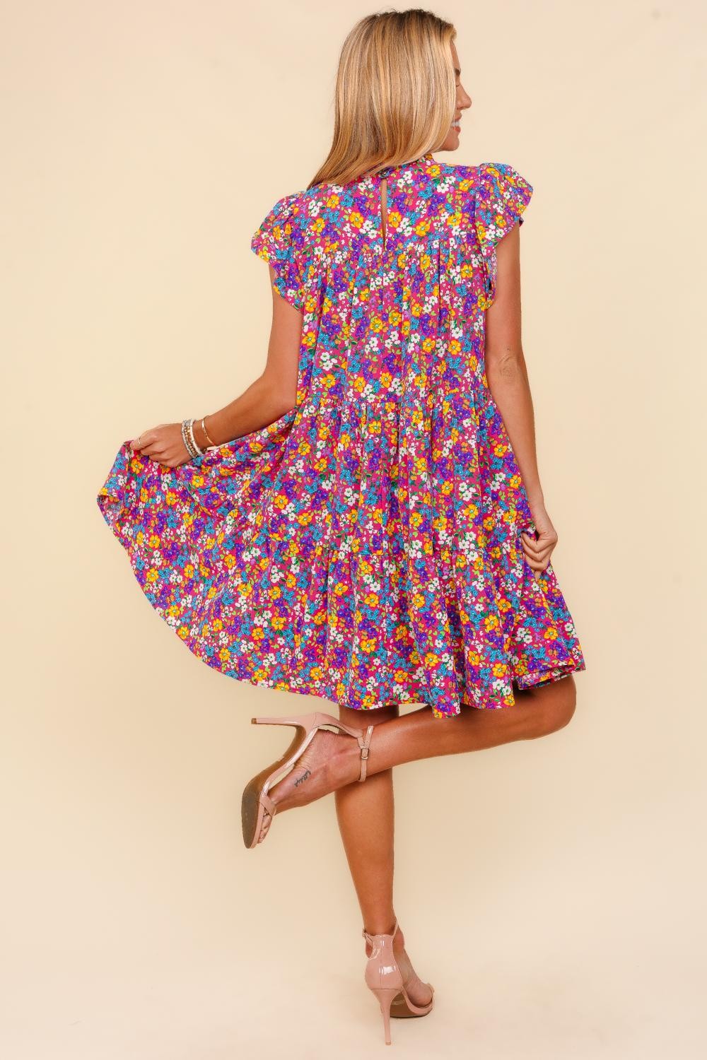 Haptics Frilled Mock Neck Ditsy Floral Dress   