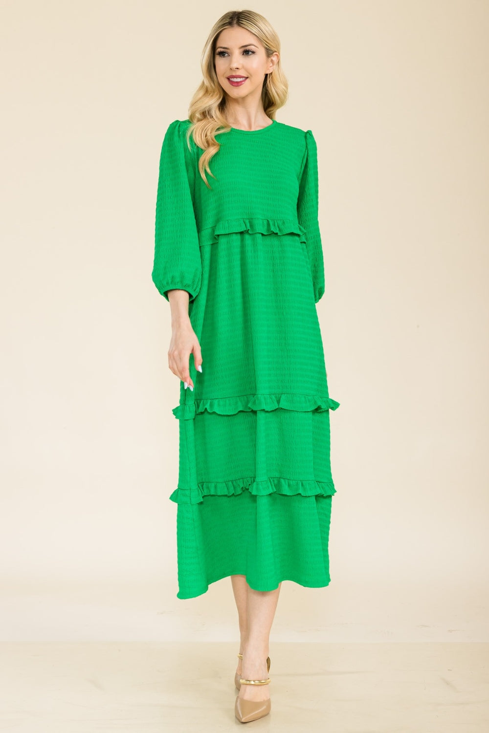 Celeste Full Size Tiered-Ruffle Midi Dress Green S 