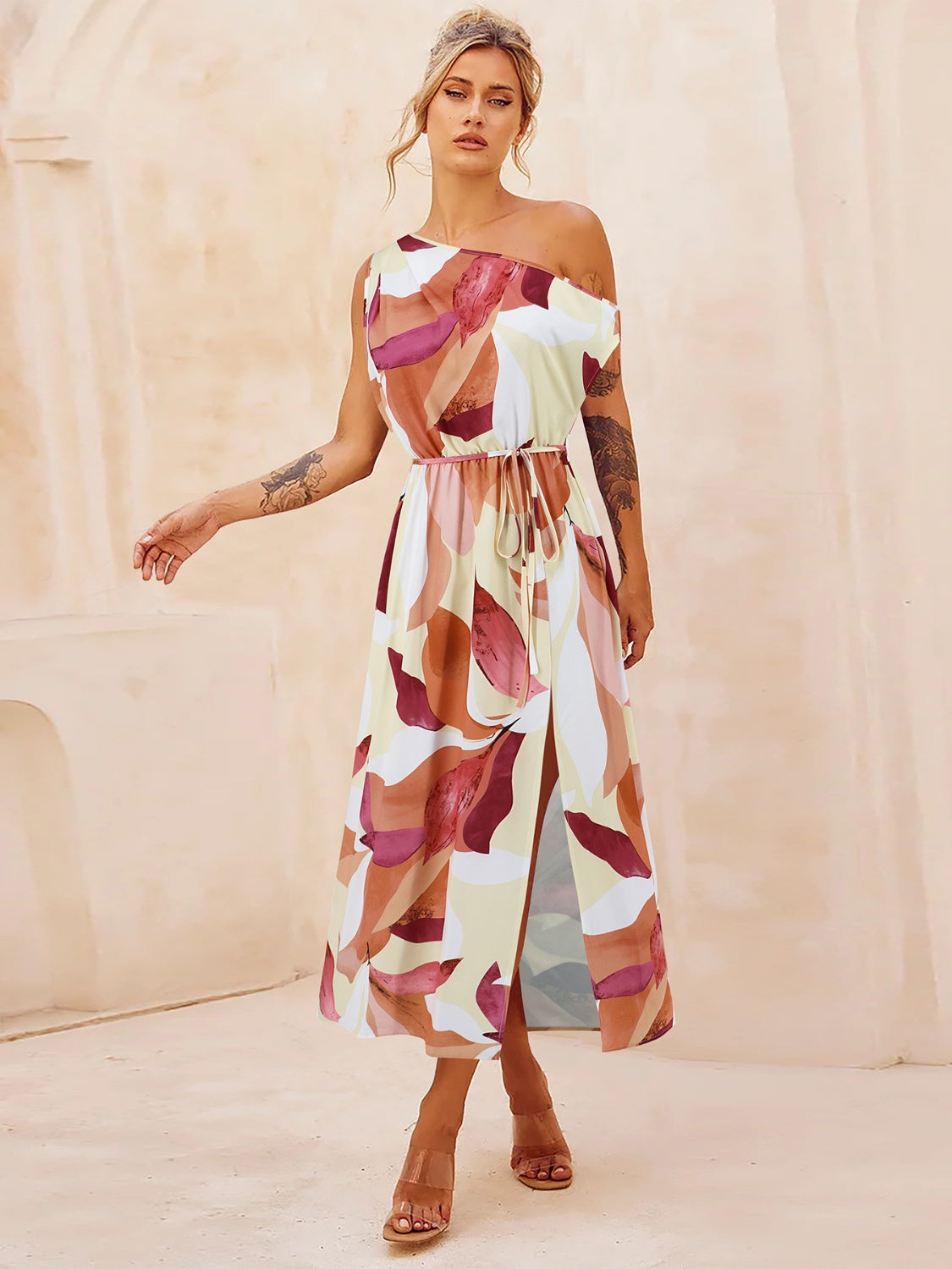 Printed One Shoulder Short Sleeve Dress   